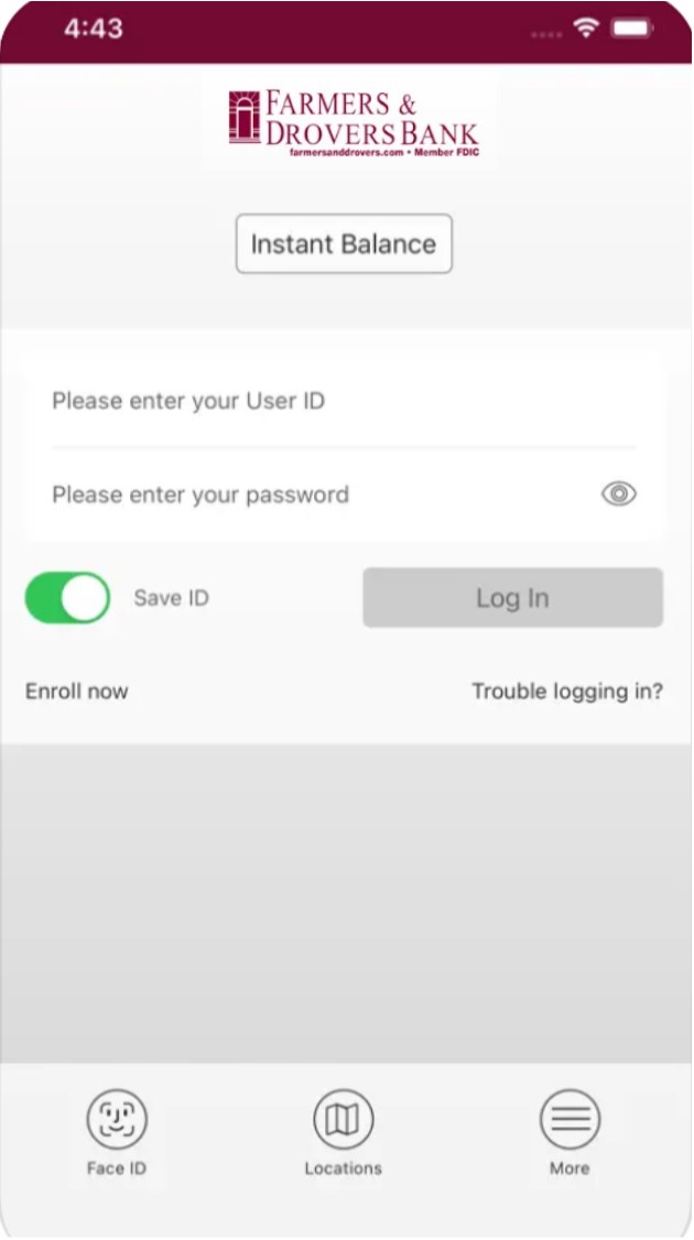 Apple farmers and drovers bank app login screen.