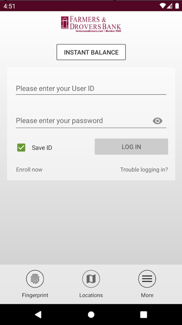 Android farmers and drovers bank app login screen.